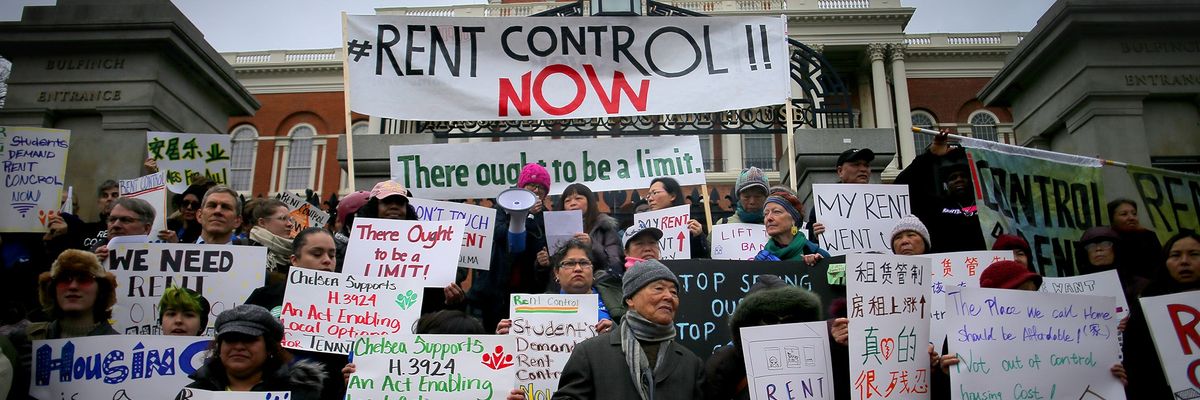 Tenants' rights groups rally outside the Massachusetts State House