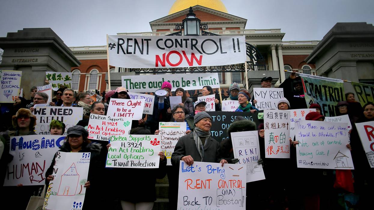 Tenants' rights groups rally outside the Massachusetts State House