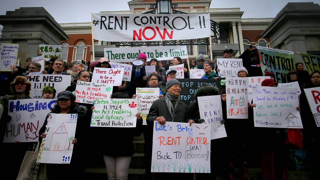 Tenants' rights groups rally outside the Massachusetts State House
