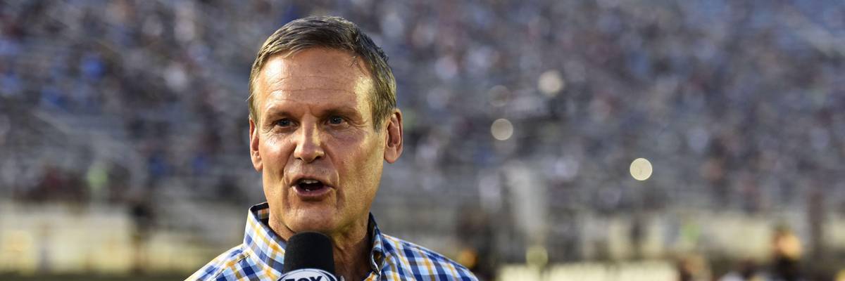 Tennessee Gov. Bill Lee (R) gives the command to start engines prior to the NASCAR Cup Series All-Star Race at Bristol Motor Speedway on July 15, 2020 in Bristol, Tennessee.