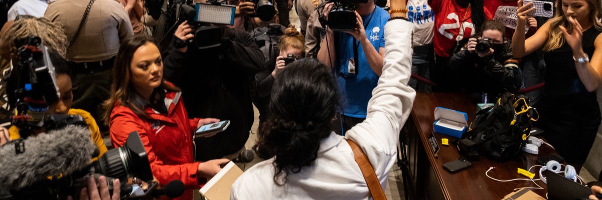 Tennessee Rep. Justin Jones (D-52) gestures to supporters during a vote on his expulsion from the state Legislature at the State Capitol Building on April 6, 2023 in Nashville.