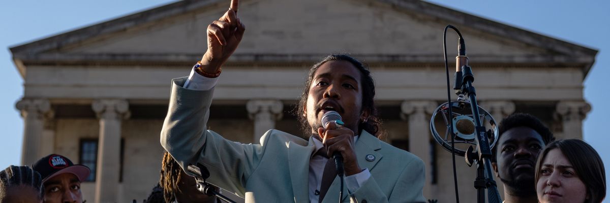 Tennessee State Rep. Justin Jones of Nashville speaks outside the state Capitol