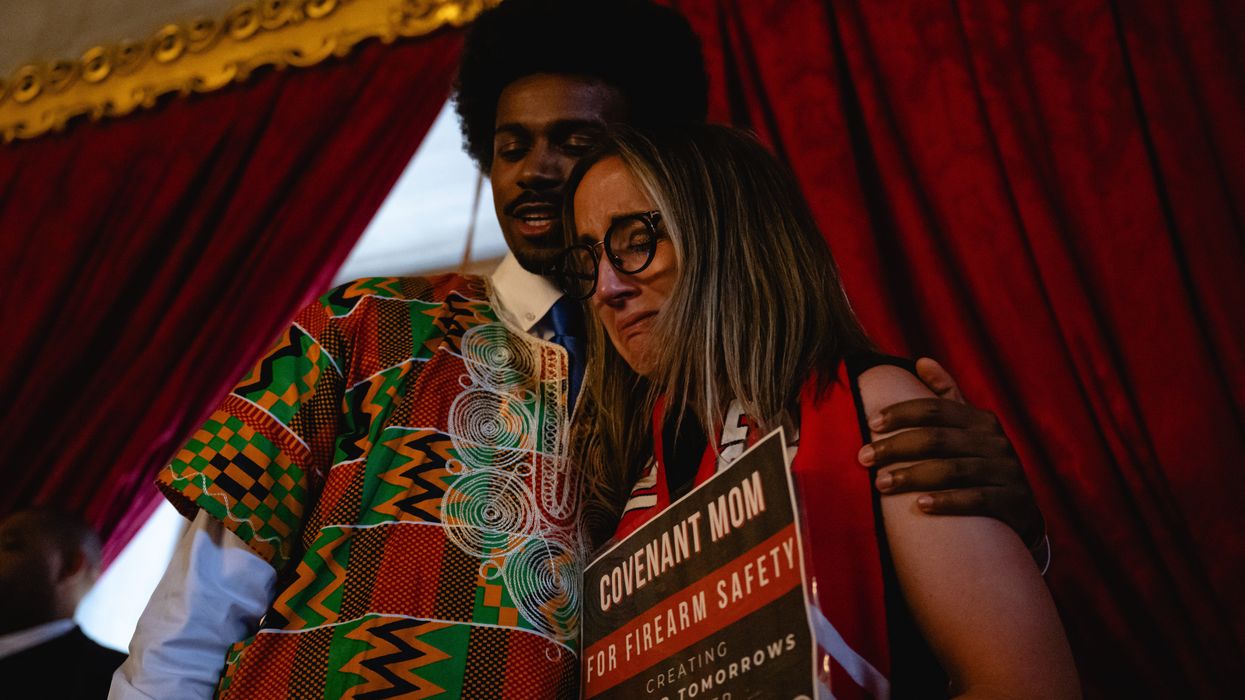 Tennessee state Rep. Justin Pearson hugs Sarah Shoop Neumann, a Covenant School parent,