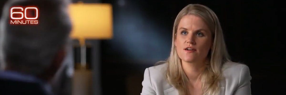 "Thanks to this brave whistleblower, we now have further proof that Facebook's executives—all the way up to CEO Mark Zuckerberg and COO Sheryl Sandberg—routinely chose profits over public safety," said Jessica J. González, co-CEO of Free Press, on October 4, 2021. (Photo: Screengrab from CBS)