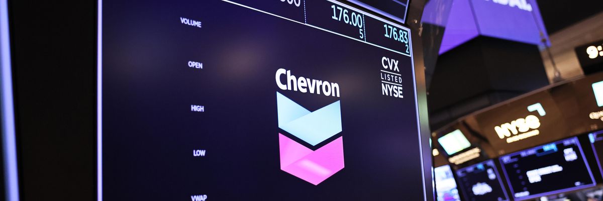 The Chevron logo is seen on a screen on the floor of the New York Stock Exchange