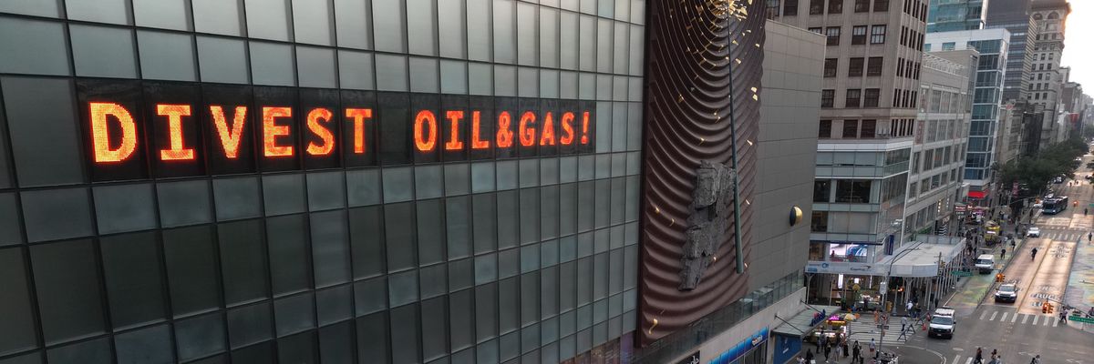 The Climate Clock in Union Square reads, "Divest oil & gas!"