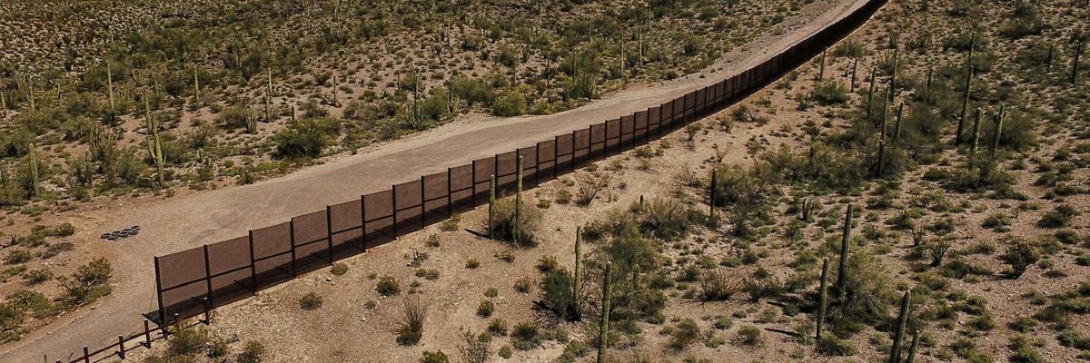 The construction of then-U.S. President Donald Trump's wall along the United States-Mexico border imperils endangered species like the Sonoran pronghorn and desert bighorn sheep, which routinely move between the two countries, including through a section of fence viewed on March 27, 2017 in Sonoyta, a town in the northern Mexican state of Sonora. (Photo: Pedro Pardo/AFP via Getty Images)
