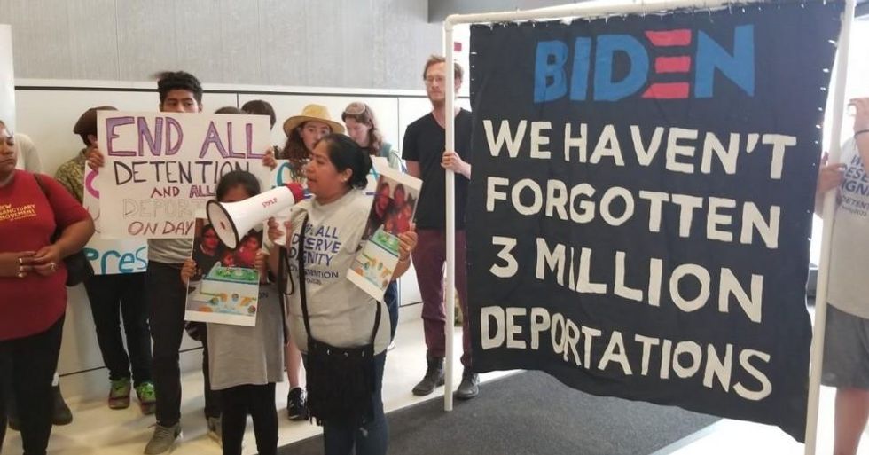 The Cosecha Movement led a demonstration at Joe Biden's campaign headquarters on Wednesday, demanding an apology from the former vice president for the separation of thousands of families who were deported by the Obama administration. (Photo: @CosechaMovement/Twitter)