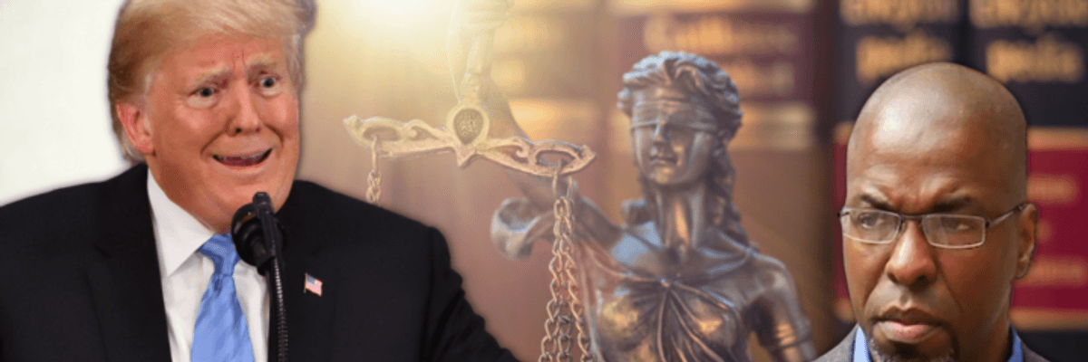 The faces of Donald Trump and Jeffrey Sterling superimposed over an image of Lady Justice.