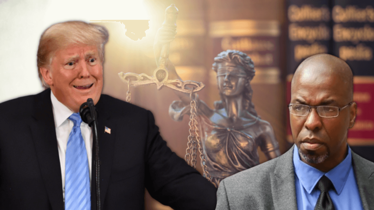The faces of Donald Trump and Jeffrey Sterling superimposed over an image of Lady Justice.
