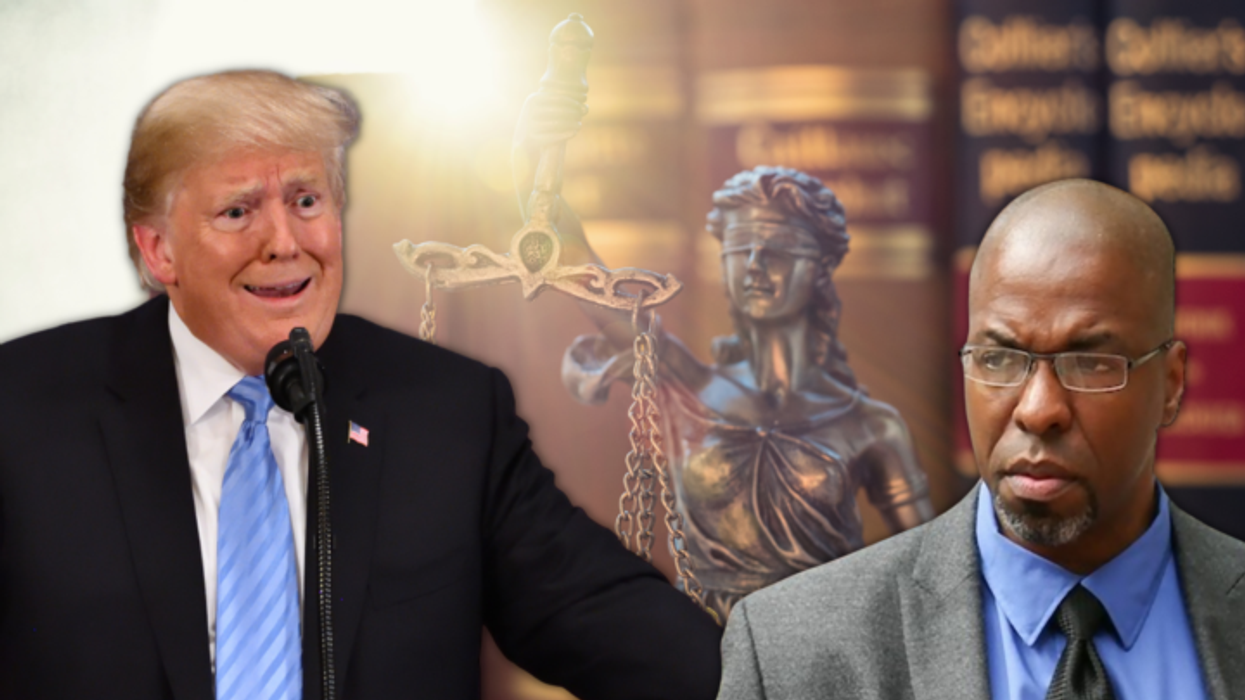 The faces of Donald Trump and Jeffrey Sterling superimposed over an image of Lady Justice.