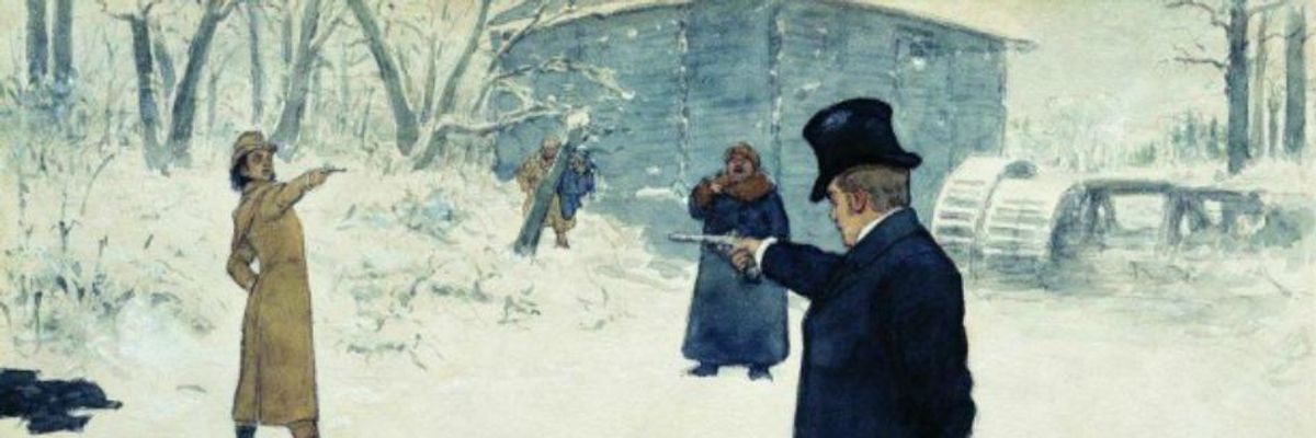 The fictional pistol duel between Eugene Onegin and Vladimir Lensky