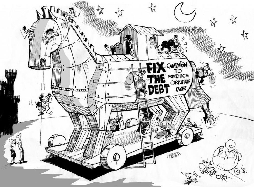 The 'Fix the Debt' Racket, a 2012 OtherWords cartoon by Khalil Bendib