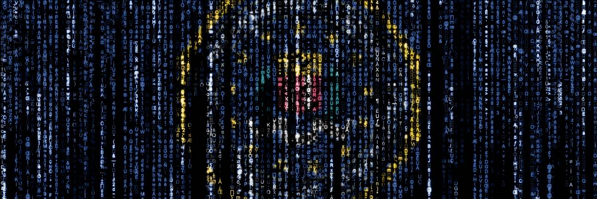 The flag of the U.S. Federal Bureau of Investigation is shown with computer binary code.