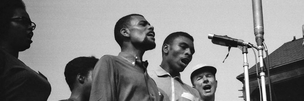 The Freedom Singers and Pete Seeger (far right) at the Newport Folk Festival in 1963.