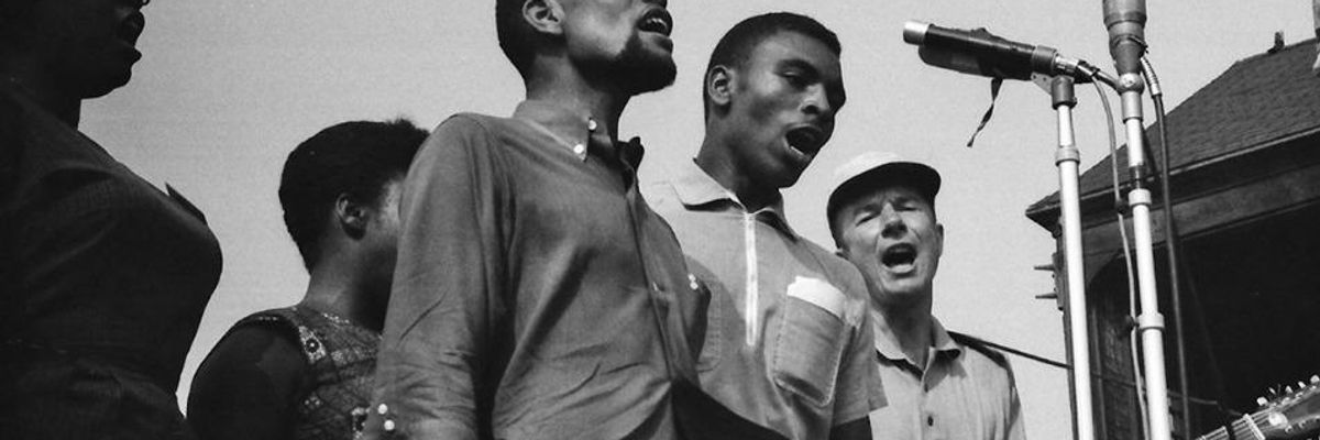 The Freedom Singers and Pete Seeger (far right) at the Newport Folk Festival in 1963.