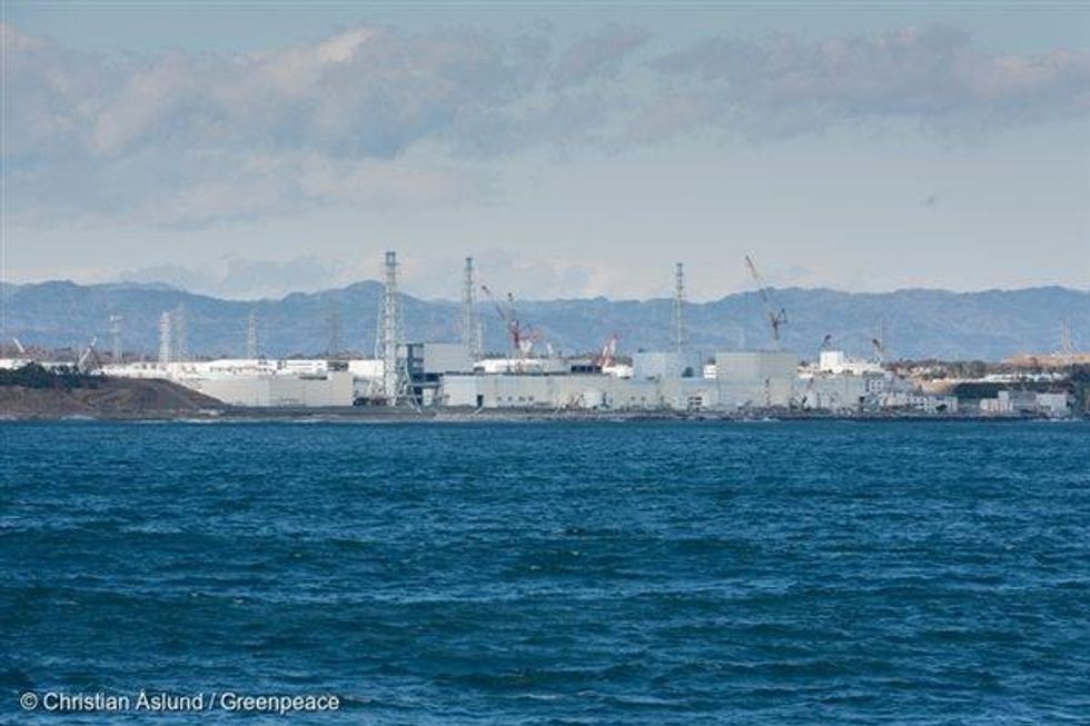 The Fukushima Daiichi nuclear plant as seen from Greenpeace ship, Rainbow Warrior.