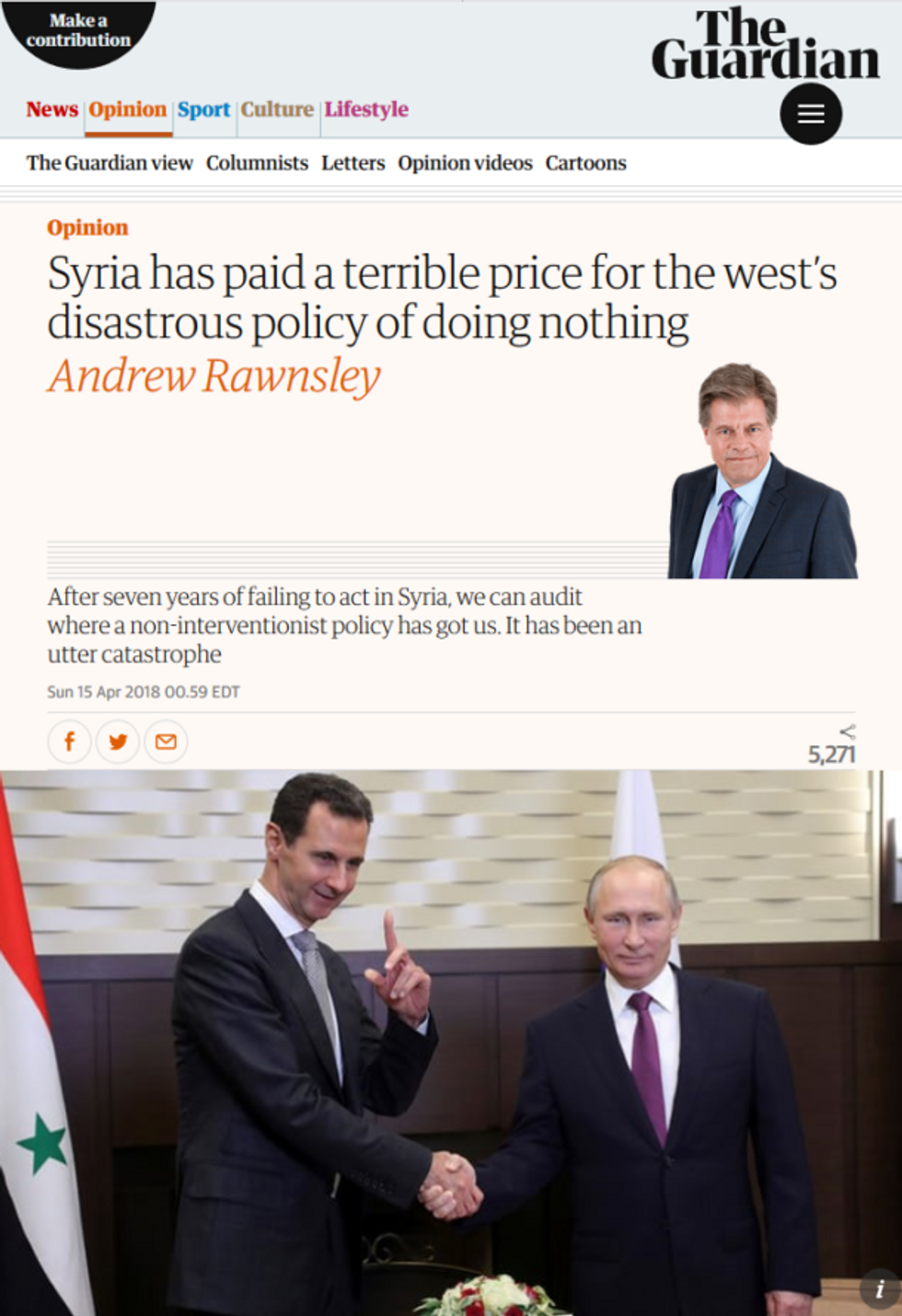 The Guardian (4/15/18) reports from a parallel universe where the US, Britain and their allies have not spent billions of dollars over seven years trying to bring down the Syrian government.