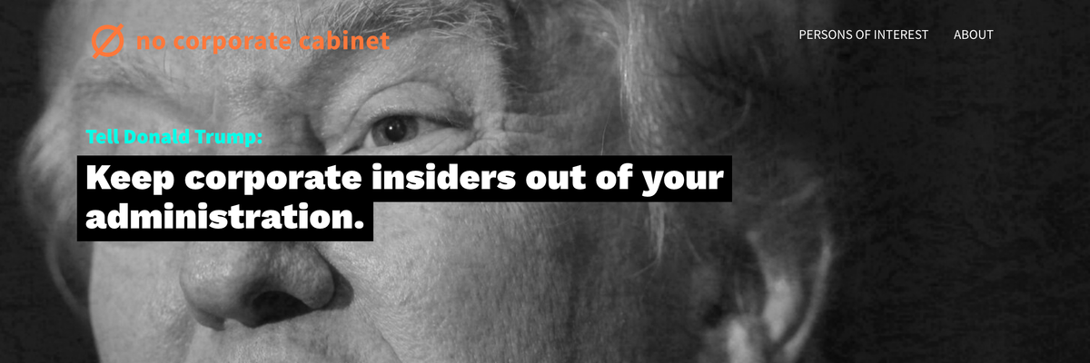 The homepage of NoCorporateCabinet.org