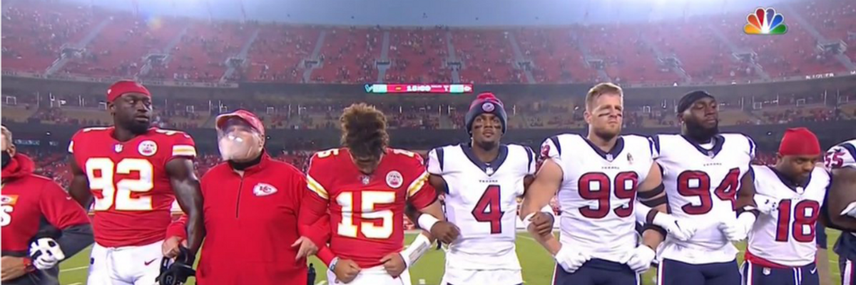 The Houston Texans and Kansas City Chiefs linked arms in a show of racial unity on Thursday night before playing the first game of the 2020 NFL season, and were met with booing by fans