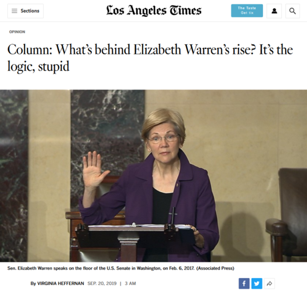 The LA Times' Virginia Heffernan (9/20/19) praises Warren for not