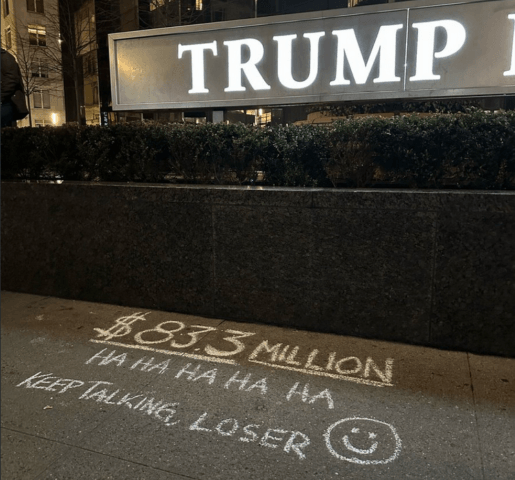 The losing defendant was promptly trolled on the sidewalk outside Trump International Hotel.
