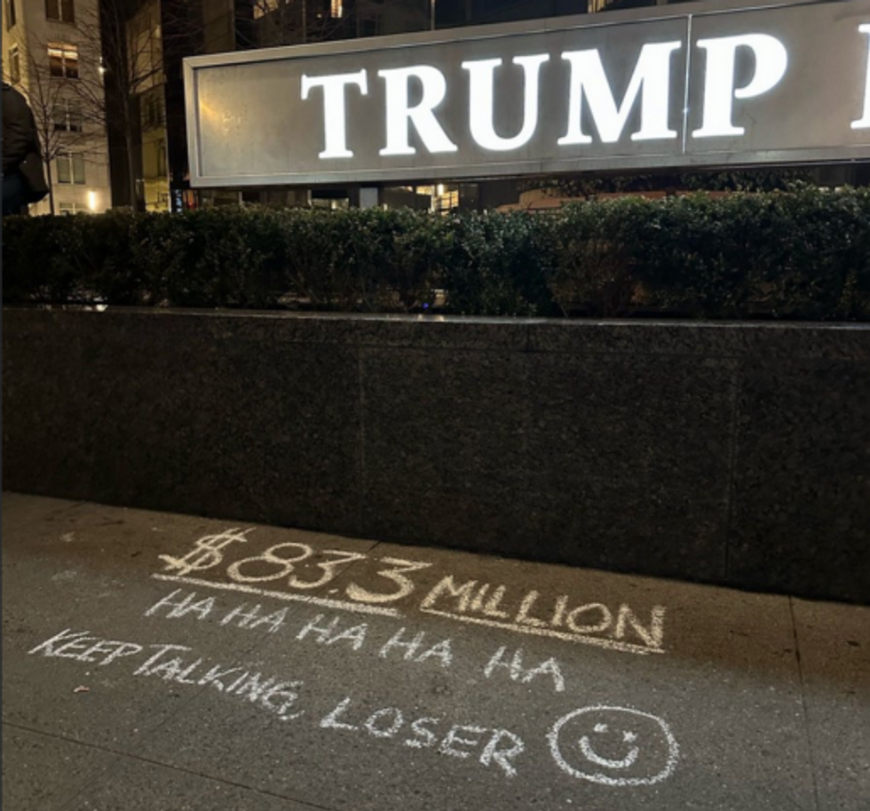 The losing defendant was promptly trolled on the sidewalk outside Trump International Hotel.