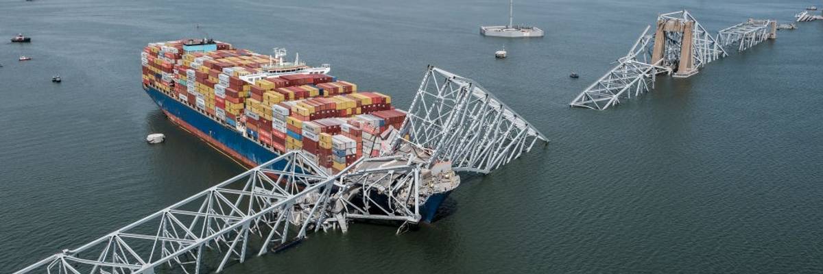 The Maersk-chartered MV Dali is seen crashed into the collapsed Francis Scott Key Bridge in Baltimore
