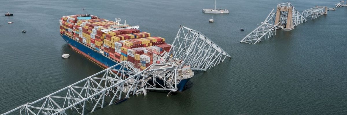 The Maersk-chartered MV Dali is seen crashed into the collapsed Francis Scott Key Bridge in Baltimore