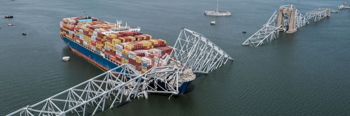 The Maersk-chartered MV Dali is seen crashed into the collapsed Francis Scott Key Bridge in Baltimore 