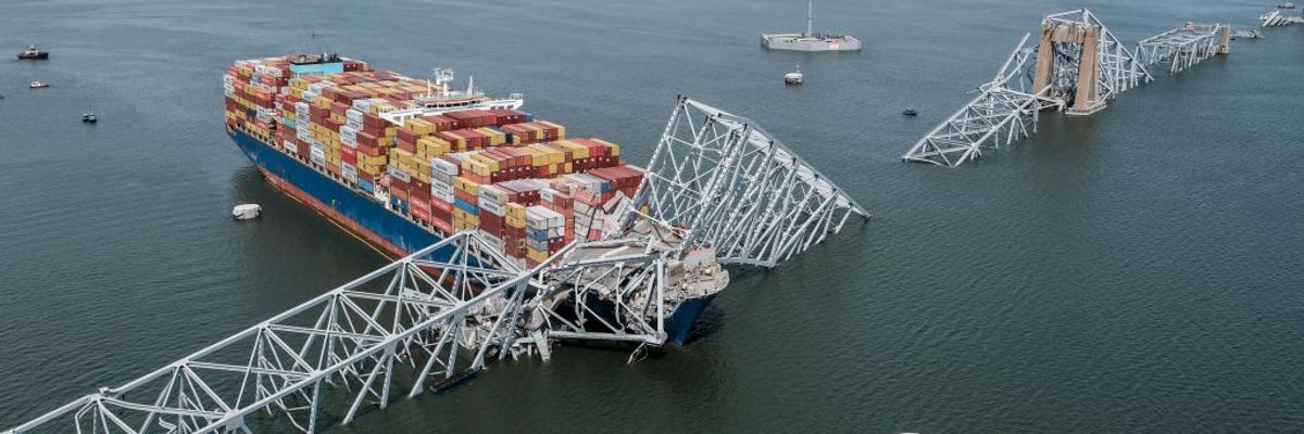 The Maersk-chartered MV Dali is seen crashed into the collapsed Francis Scott Key Bridge in Baltimore 