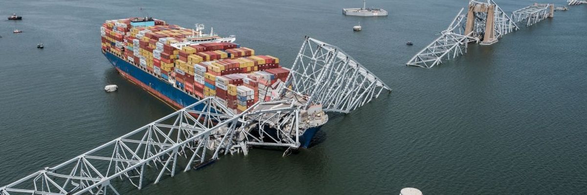 The Maersk-chartered MV Dali is seen crashed into the collapsed Francis Scott Key Bridge in Baltimore 