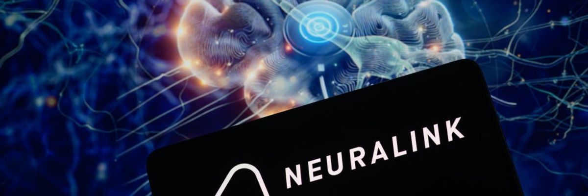 The Neuralink logo is with a brain chip visible in the background