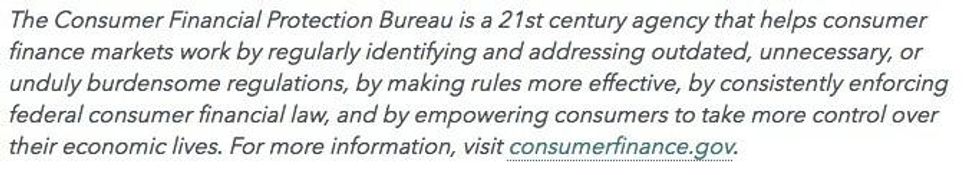 The new mission of the CFPB, as it appears on a Dec. 21, 2017 press release.