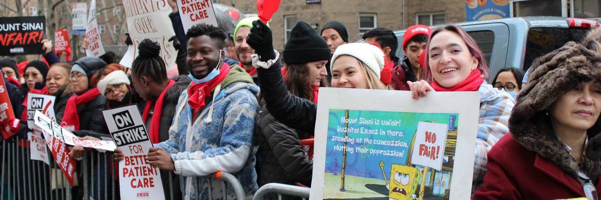 The New York City labor movement supports striking members of the New York State Nurses Association on January 9, 2023.
