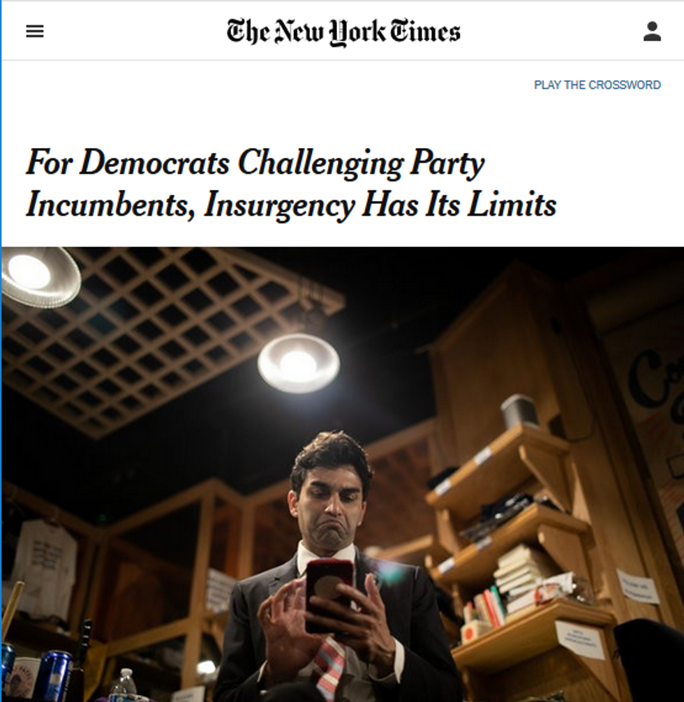 The one New York Times news article (6/21/18) that discussed Alexandria Ocasio-Cortez's campaign before her victory was framed around the idea that