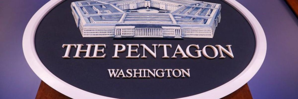 The Pentagon logo is seen ahead of a press conference