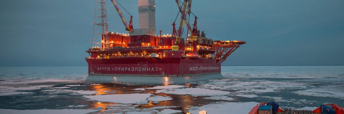 The Prirazlomnaya offshore ice-resistant oil rig is seen in the Pechora Sea, part of Russia's Arctic territory, on May 8, 2016.