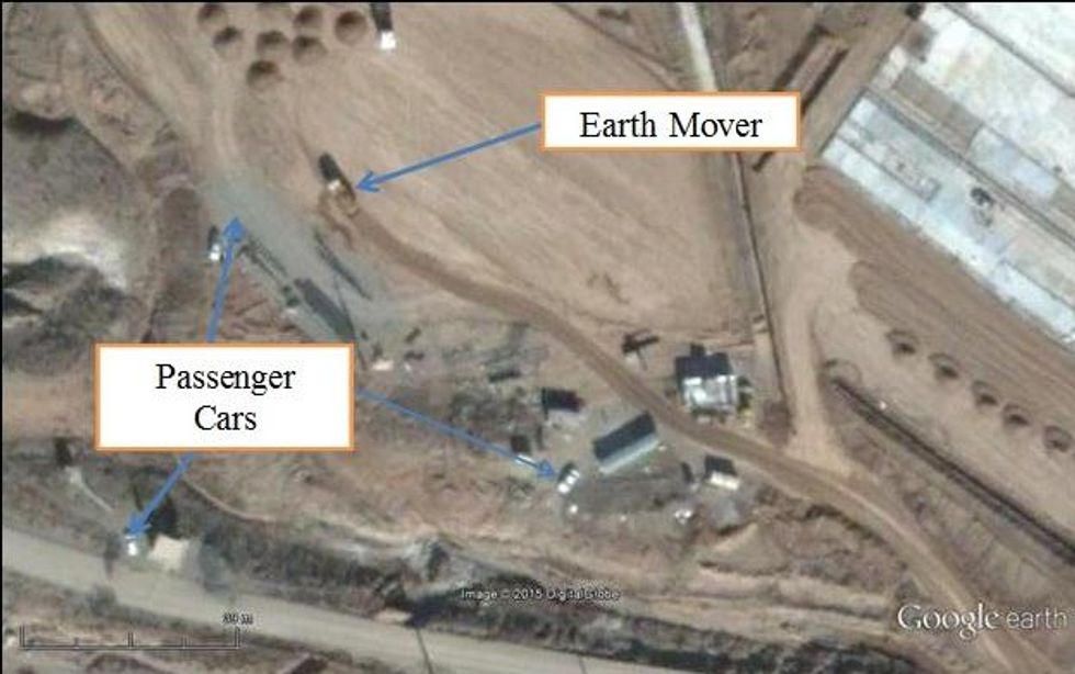 The reader can compare the relative sizes of an earthmover (about 8 meters long) and a typical Parchin sedan (about 4 meters long) in this satellite image that was taken in January 2015 over a completely different part of the Parchin site. Thus, the object ISIS labeled an
