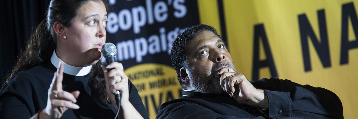 The Rev. Drs. Liz Theoharis and William Barber appeared on stage at the Poor People's Moral Action Congress forum for presidential candidates at Trinity Washington University on June 17, 2019.