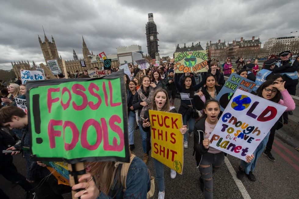The scene on Westminster bridge as school children block traffic and march across the river on March 15, 2019 in London, England. Thousands of pupils from schools, colleges and universities across the UK will walk out today in the second major strike against climate change this year. Young people nationwide are calling on the Government to declare a climate emergency and take action. Similar strikes are taking place around the world today including in Japan and Australia, inspired by 16-year-old Greta Thunberg who criticised world leaders at a United Nations climate conference. (Photo by Guy Smallman/Getty Images)