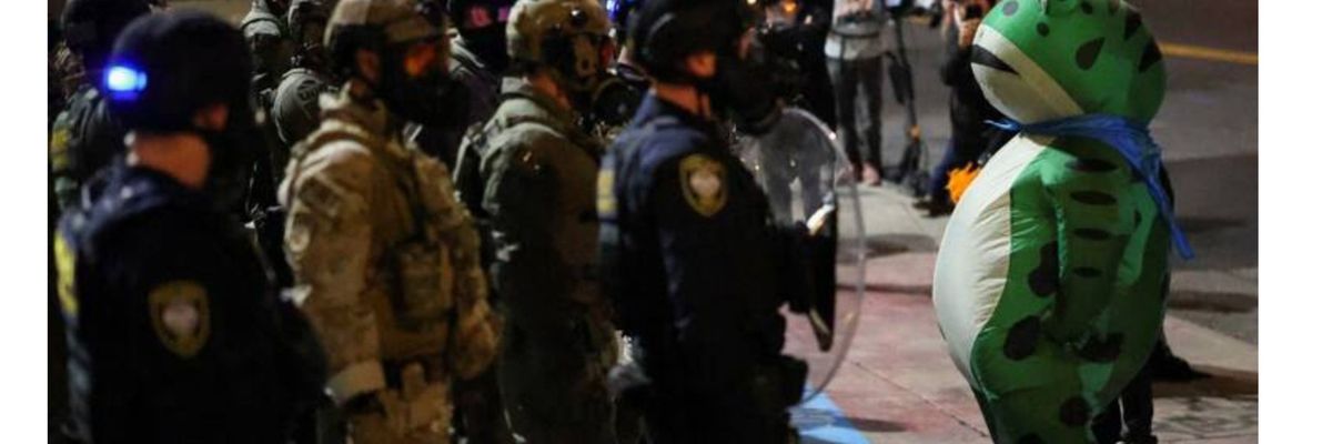 The terrorist Portland Frog faces off against troops.