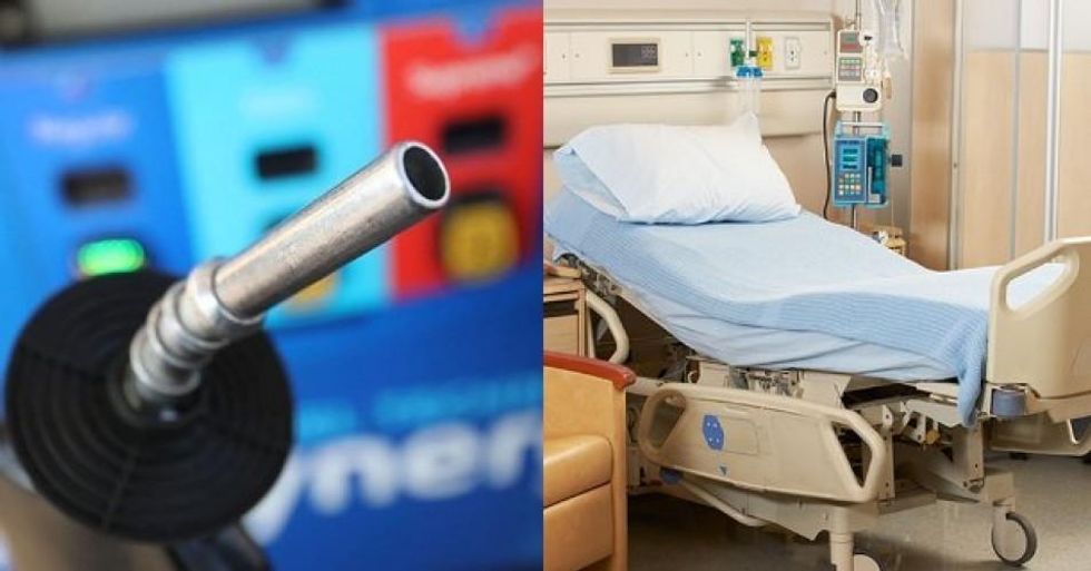 The Trump tax cuts have mainly benefited corporations including oil companies--with working Americans footing the bill at the gas pump and while paying for medical care and other necessities. (Photo collage: via AFT)