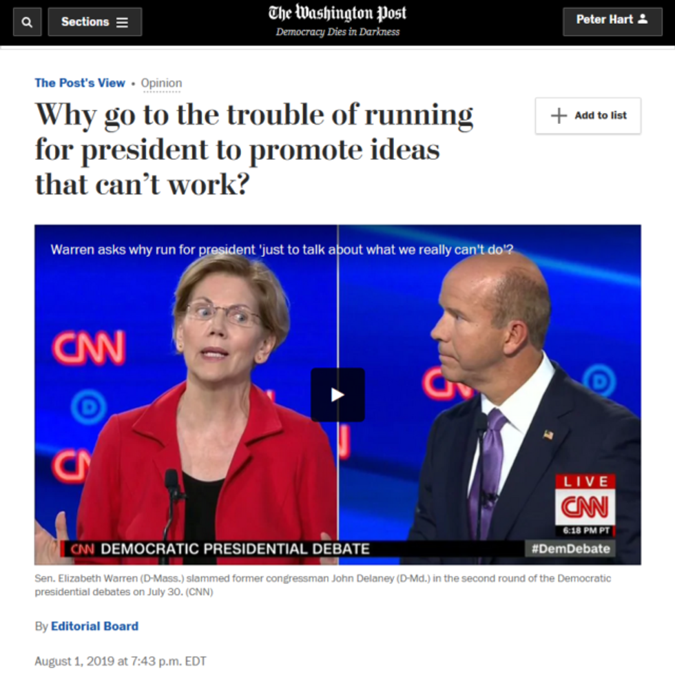 The Washington Post (8/1/19) compares Warren's support for Medicare for All to Prohibition and the Vietnam War.