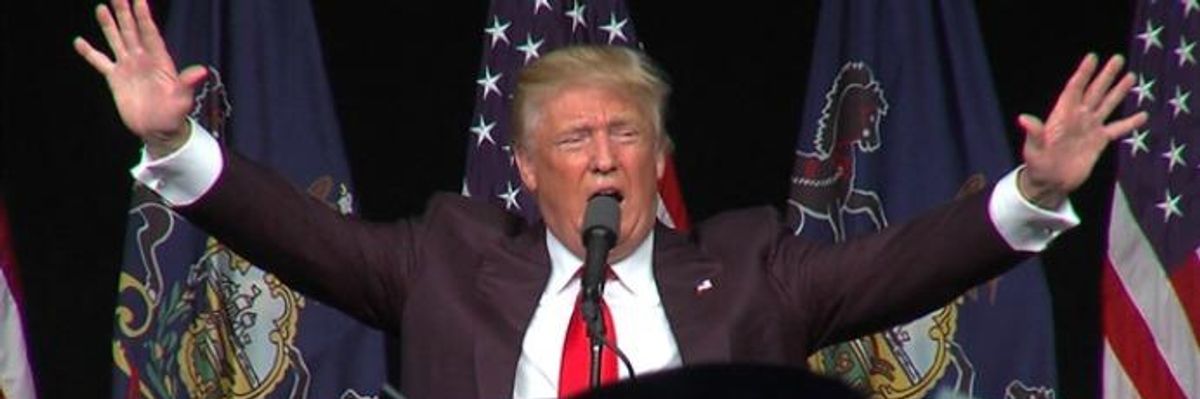 Then-candidate Donald Trump addresses a crowd in Harrisburg on the 2016 campaign trail.