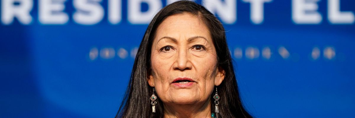 Then-nominee for Interior Secretary, Rep. Deb Haaland (D-N.M.), speaks after then-President-elect Joe Biden announced his climate and energy appointments at the Queen Theater on December 19, 2020 in Wilmington, Delaware. (Photo: Joshua Roberts viaGetty Images)