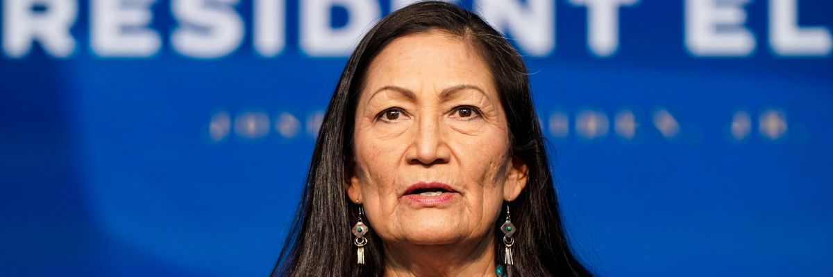 Then-nominee for Interior Secretary, Rep. Deb Haaland (D-N.M.), speaks after then-President-elect Joe Biden announced his climate and energy appointments at the Queen Theater on December 19, 2020 in Wilmington, Delaware. (Photo: Joshua Roberts viaGetty Images)