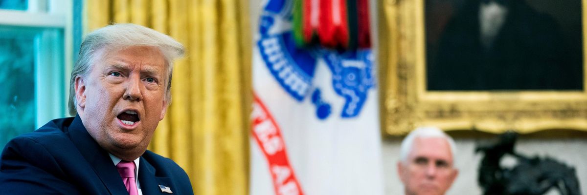 Then-President Donald Trump spoke to reporters from the Oval Office