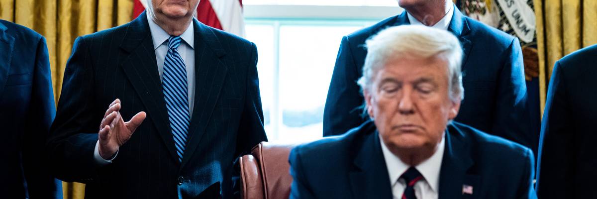 Then-Senate Majority Leader Mitch McConnell (R-Ky.) speaks as then-House Minority Leader Kevin McCarthy (R-Calif.) and then-President Donald Trump listen on March 27, 2020 in Washington, D.C.