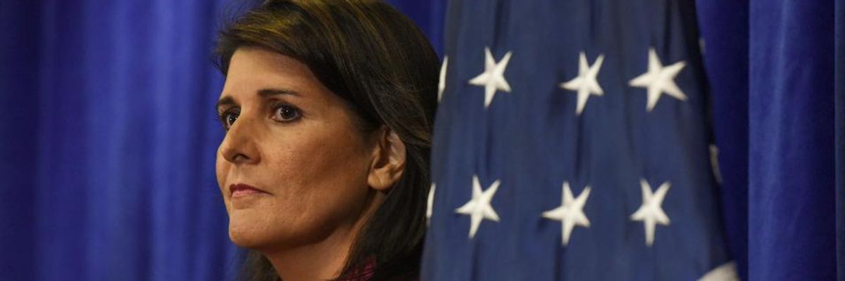 Then-U.S. Ambassador to the United Nations Nikki Haley attends a media briefing